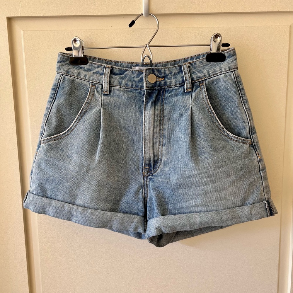 Light Blue Denim High-Rise Shorts with Cuffed Hem
